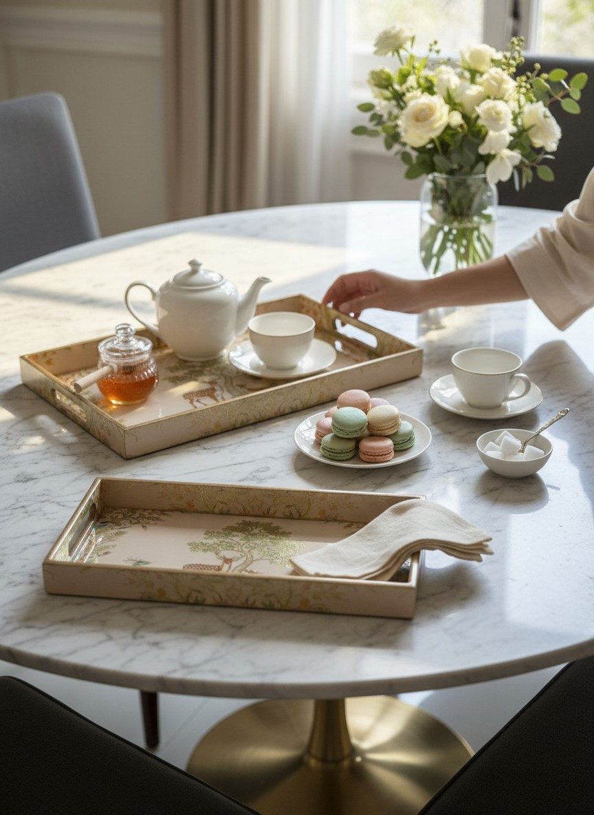 Decorative Serving Tray Set of 3 | Printed MDF Trays with Raised Bar Handles - Ivory Forest Scene 2