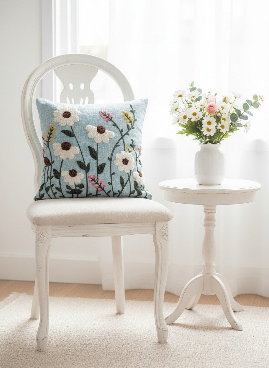 Floral Punch Needle Wildflower on Powder Blue Slub Cotton Embroidered Cushion Cover 16x16 Inch 5