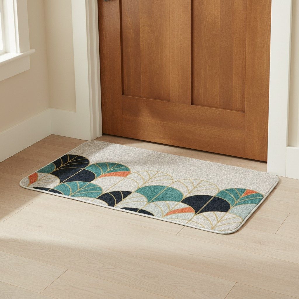 Art Deco Leaf Print Anti-Slip Mat – Teal & Gold 3