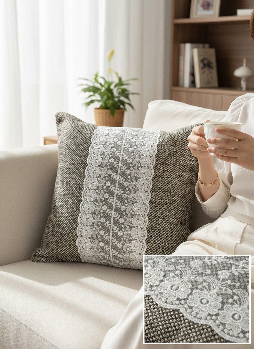 Rustic Beige Brown Woven Cushion Cover with White Floral Lace Panel 16x16 Inch 5