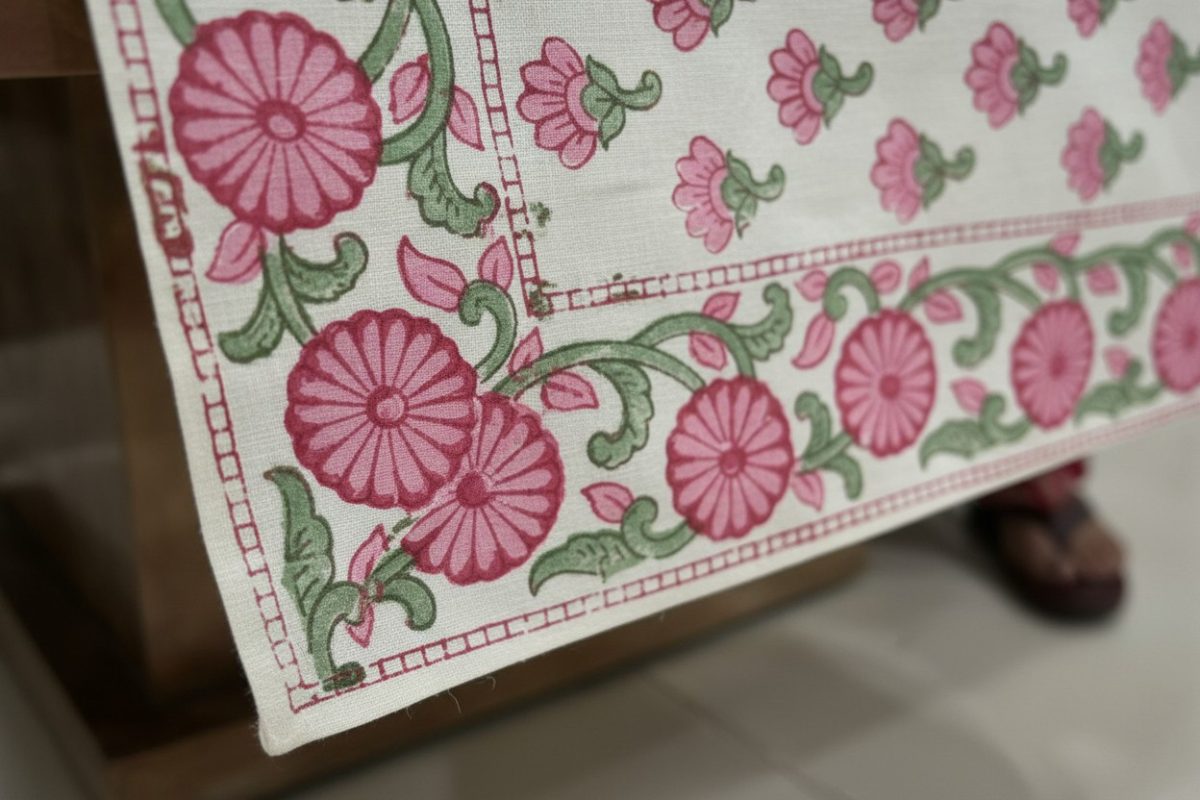 Hand Block Print Pink Buti Cotton Table Runner — Rose & Sage 3