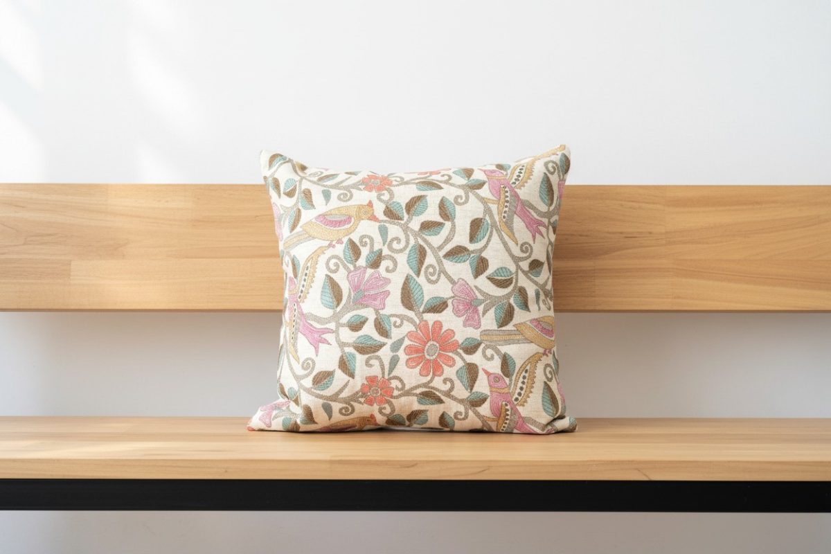 Embroidered Floral Vine Square Cushion Cover – Cream & Multicolour 5
