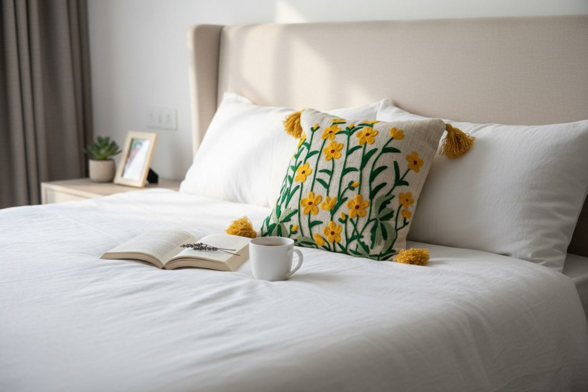 Embroidered Yellow Floral Square Cushion Cover with Tassels – Cream 3