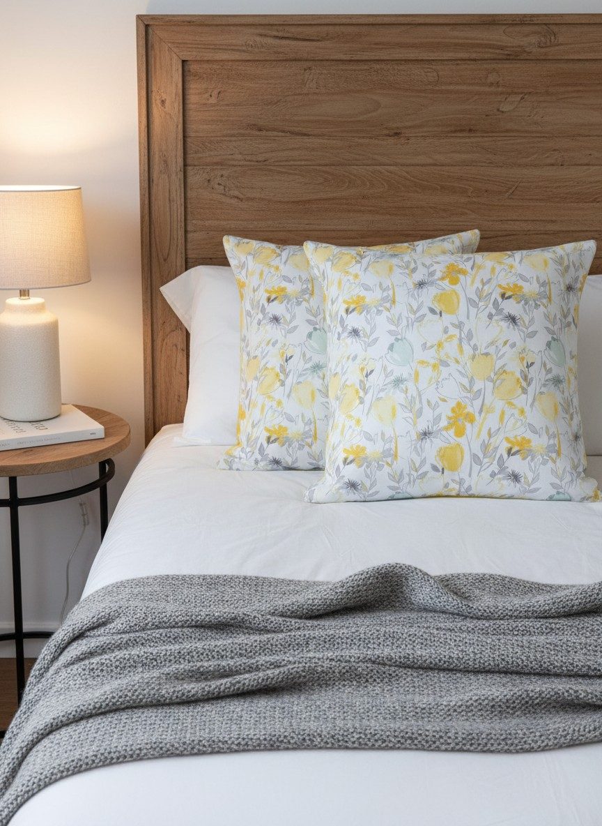 Watercolour Floral Square Cushion Cover – Yellow & Grey (Set of 2) 4