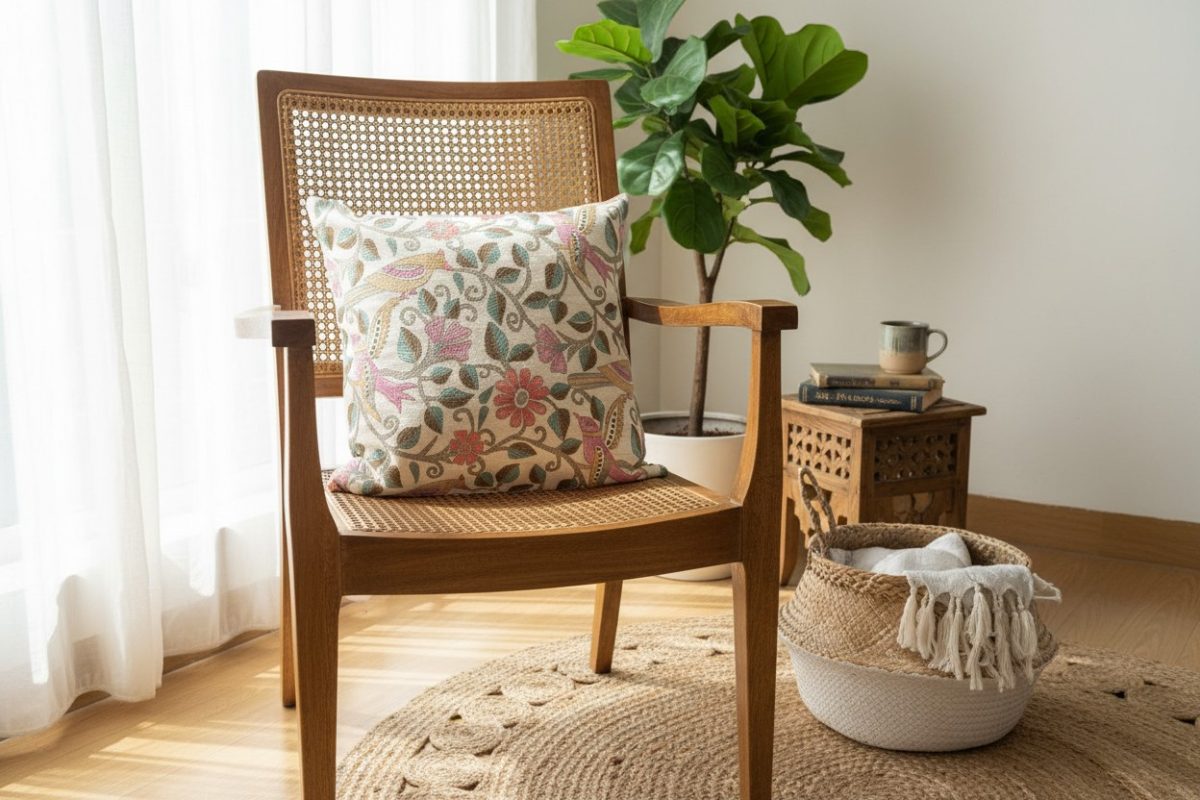 Embroidered Floral Vine Square Cushion Cover – Cream & Multicolour 1