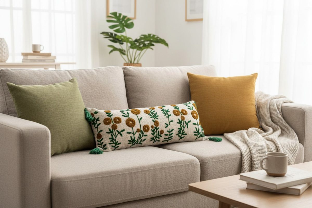 Embroidered Marigold Lumbar Cushion Cover with Tassels – Cream 4
