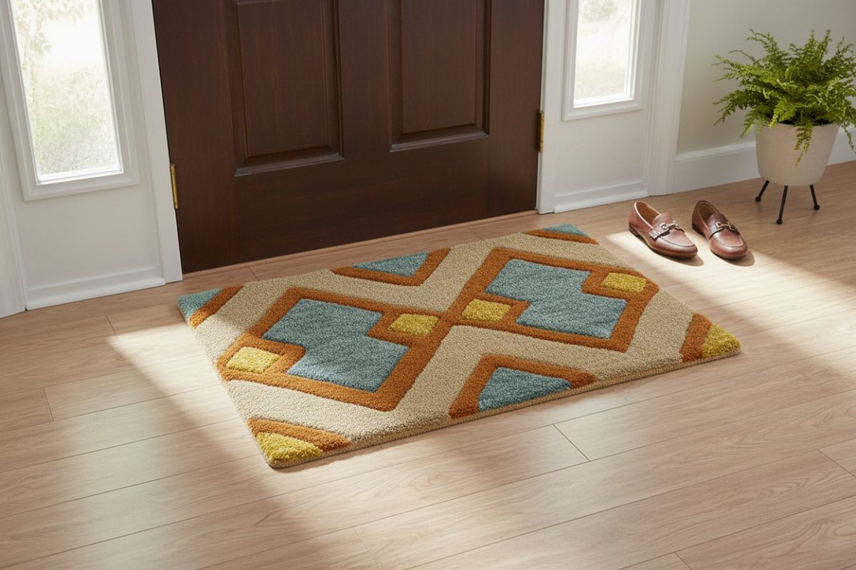 Tufted Geometric Diamond Bath Mat - Blue & Rust 2