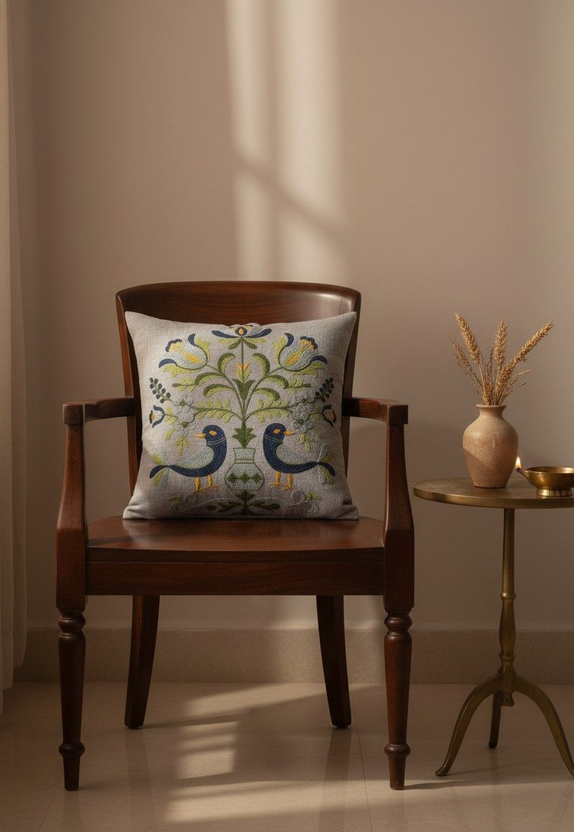 Light Grey Embroidered Cushion Cover — 16x16 Inches | Folk Birds & Floral Throw Pillow Cover 3