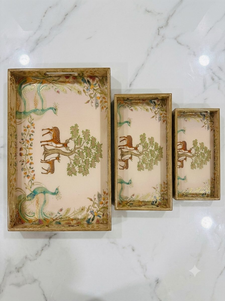 Decorative Serving Tray Set of 3 | Printed MDF Trays with Raised Bar Handles - Ivory Forest Scene 1