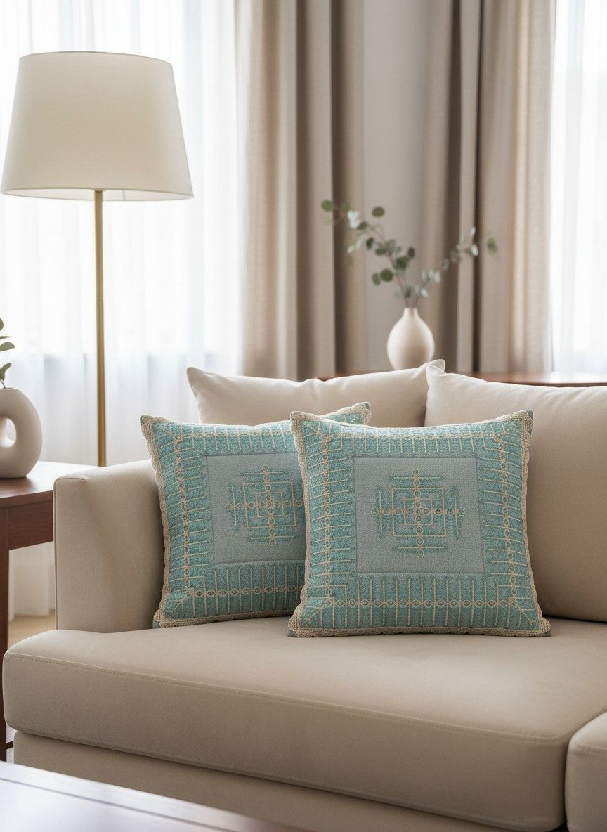 Embroidered Geometric Square Cushion Cover – Aqua Blue 5