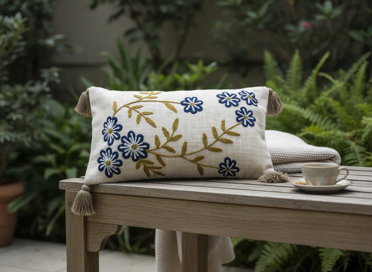 Embroidered Decorative 12X20 inch Cushion Cover with Tassels – Boho Embroidered Throw Pillow Case (1 Pc) - Navy Floral 4