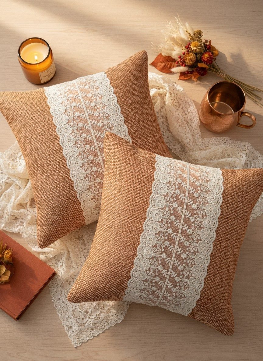 Rustic Terracotta Rust Woven Cushion Cover with White Floral Lace Panel 16x16 Inch 2