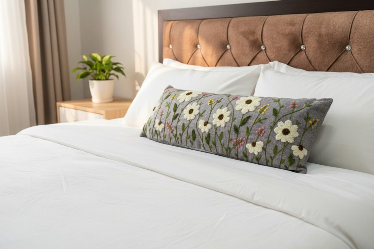 Botanical Embroidered Lumbar Cushion Cover – Grey 2