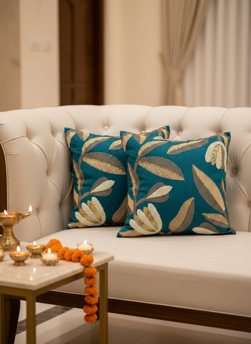 Embroidered Sequin Floral Square Cushion Cover – Teal & Gold 3