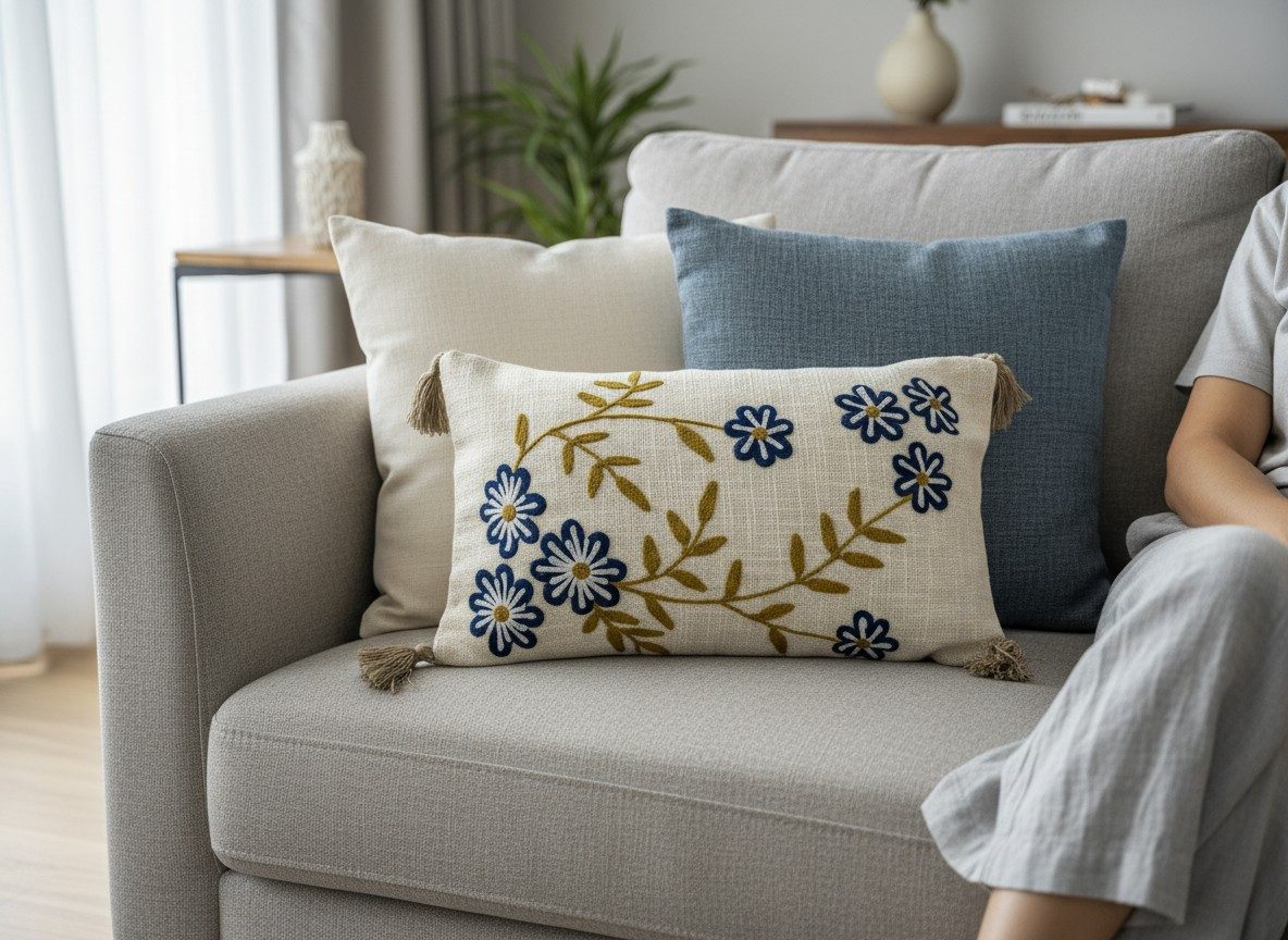 Embroidered Decorative 12X20 inch Cushion Cover with Tassels – Boho Embroidered Throw Pillow Case (1 Pc) - Navy Floral 1