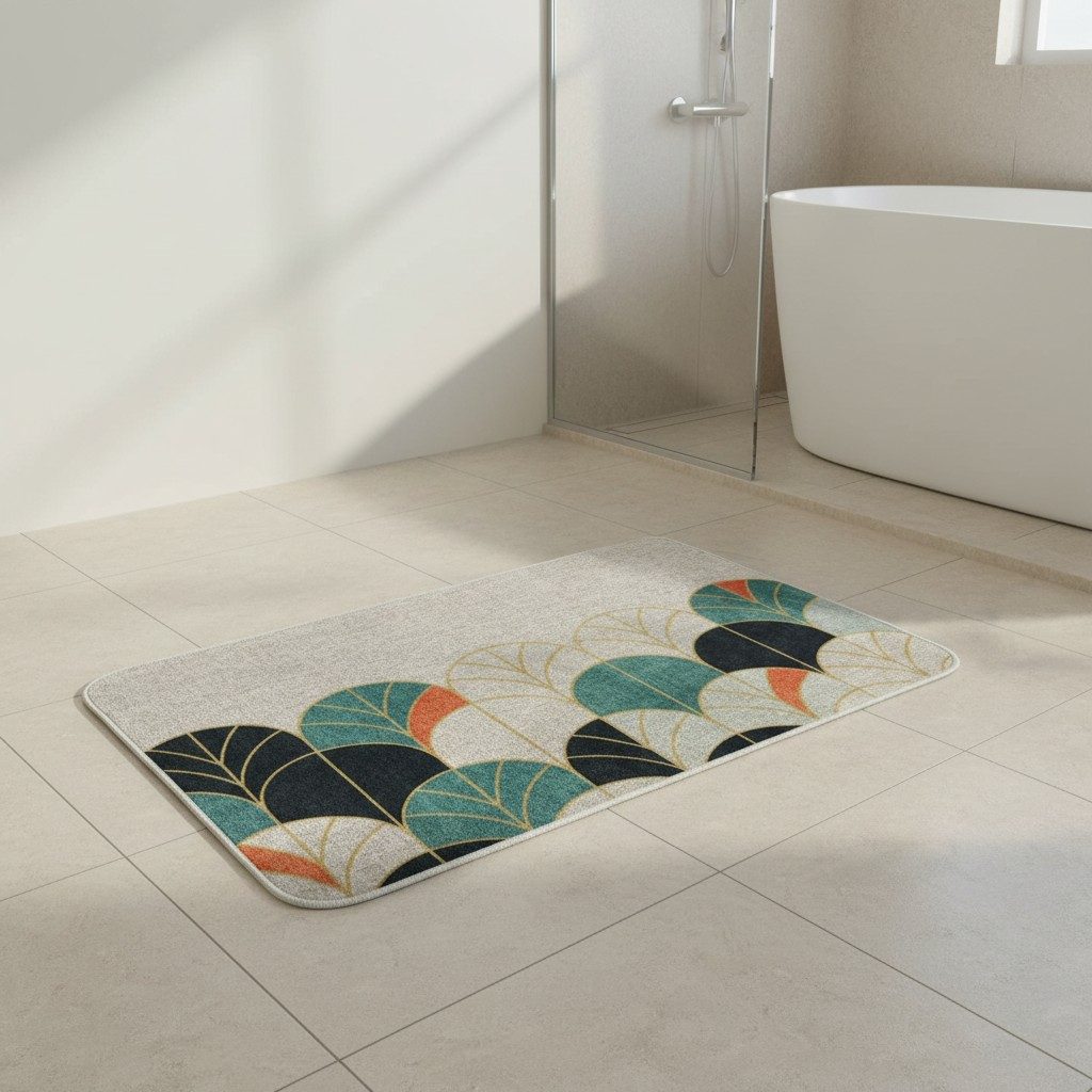 Art Deco Leaf Print Anti-Slip Mat – Teal & Gold 5