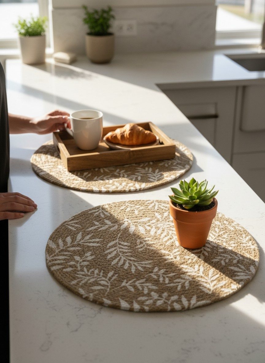 Round Placemats, Set of 2 | 14 Inch Large Table Mats | Fern Leaf Print 1