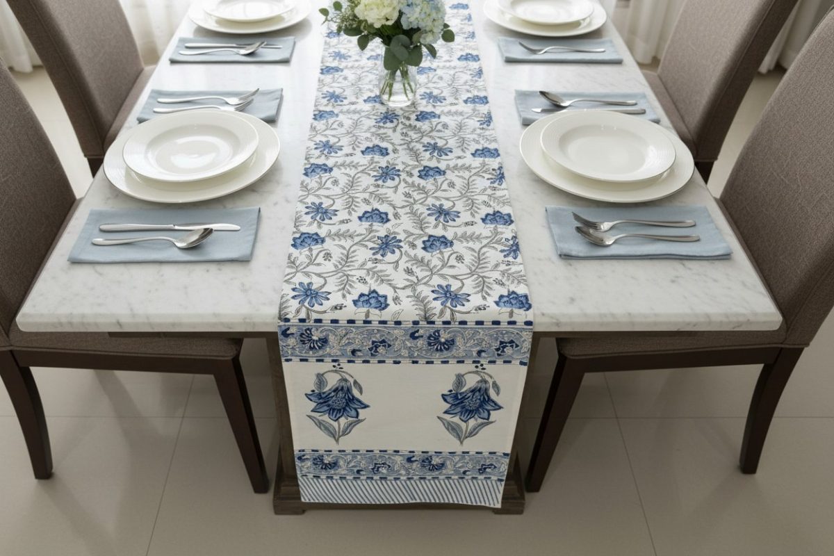 Hand Block Print Indigo Bloom Cotton Table Runner — Blue & Ivory 5