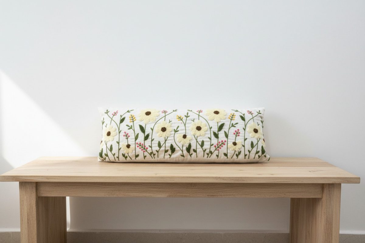 Botanical Embroidered Lumbar Cushion Cover – Ivory 1