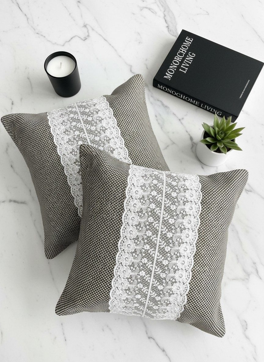Rustic Beige Brown Woven Cushion Cover with White Floral Lace Panel 16x16 Inch 1