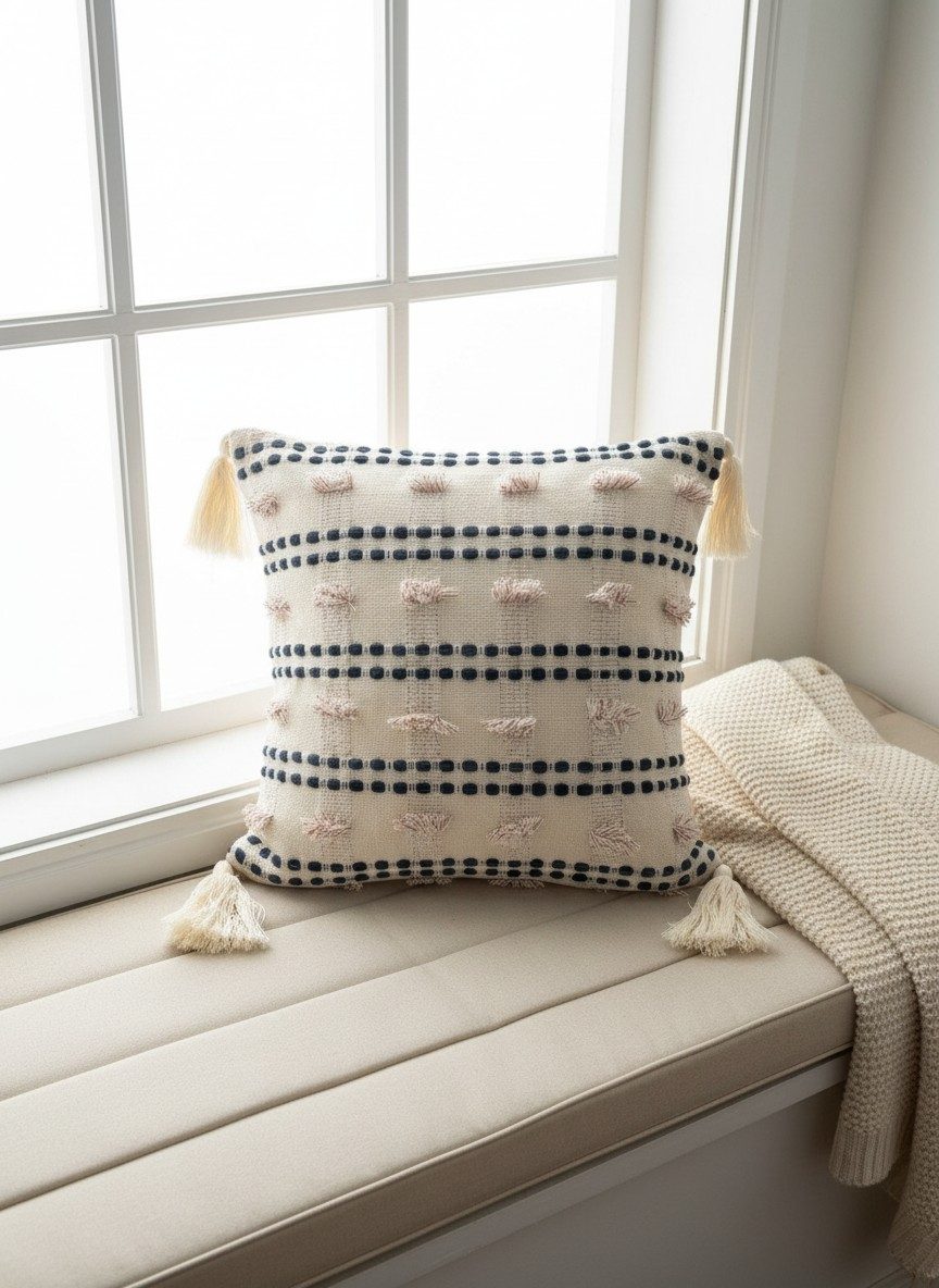 Ivory & Charcoal Tufted Cushion Cover 16x16 Inch — Boho Cotton Throw Pillow Cover with Corner Tassels 1