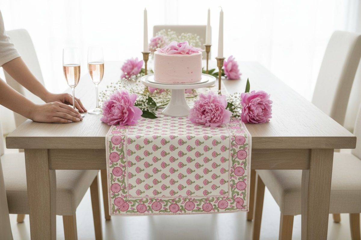 Hand Block Print Pink Buti Cotton Table Runner — Rose & Sage 2