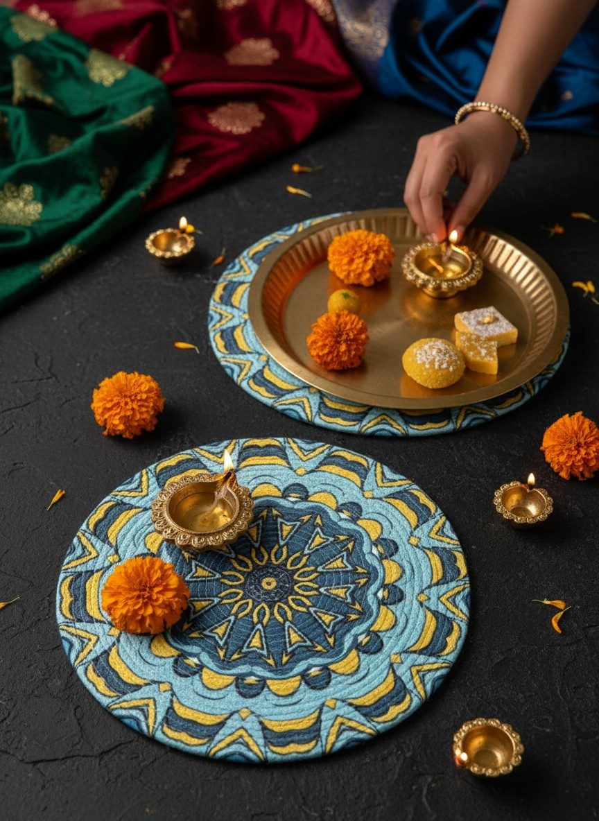 Round Placemats, Set of 2 | 14 Inch Large Table Mats | Teal Mandala 3