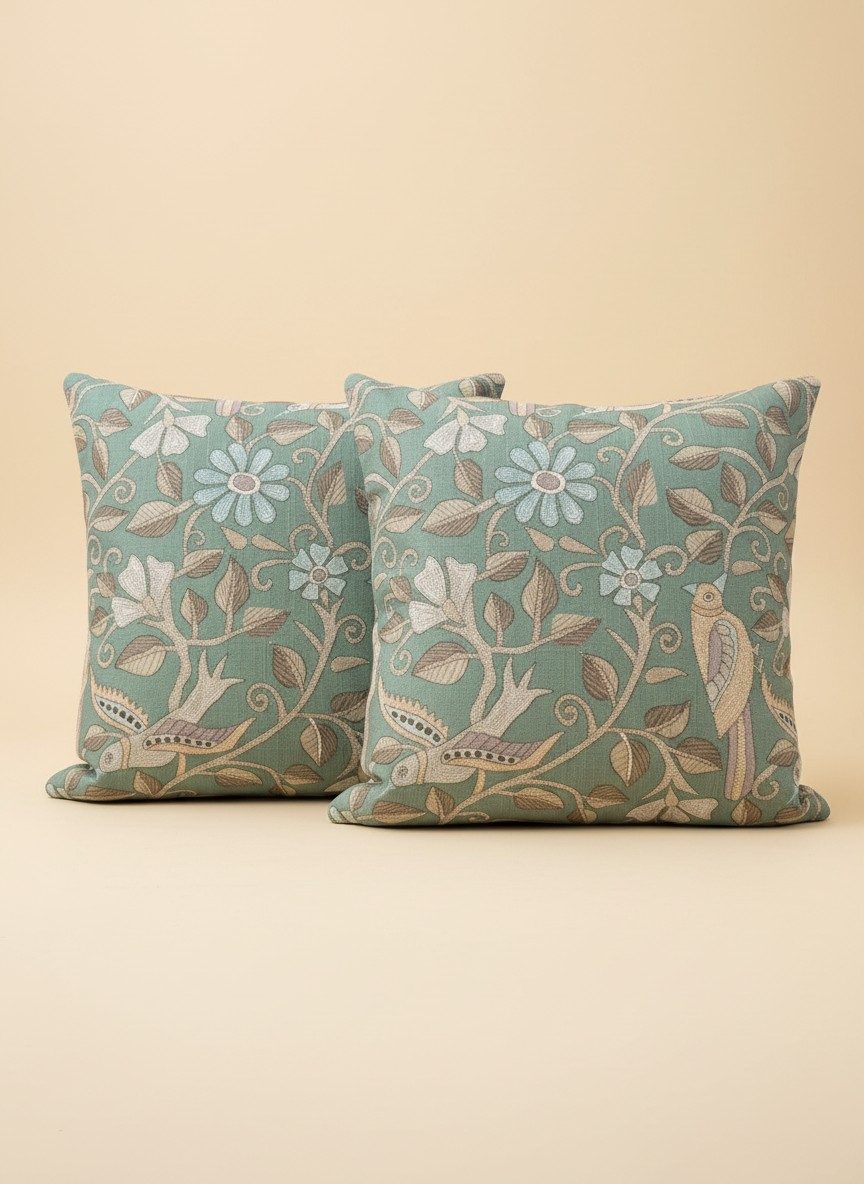 Sage Green Heritage Floral & Bird Printed Cushion Covers 16x16 Inch 5
