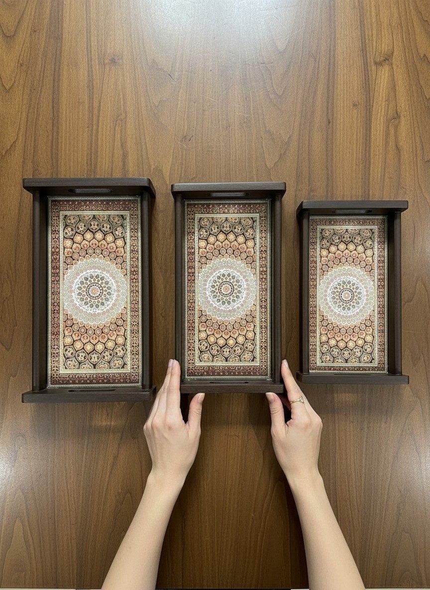 Lacquered Wooden Tray Set of 3 | Decorative Reed Inlay Frame | Raised Bar Handles - Persian Medallion 1