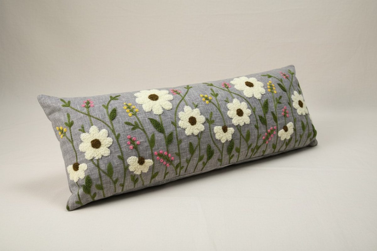 Botanical Embroidered Lumbar Cushion Cover – Grey 4