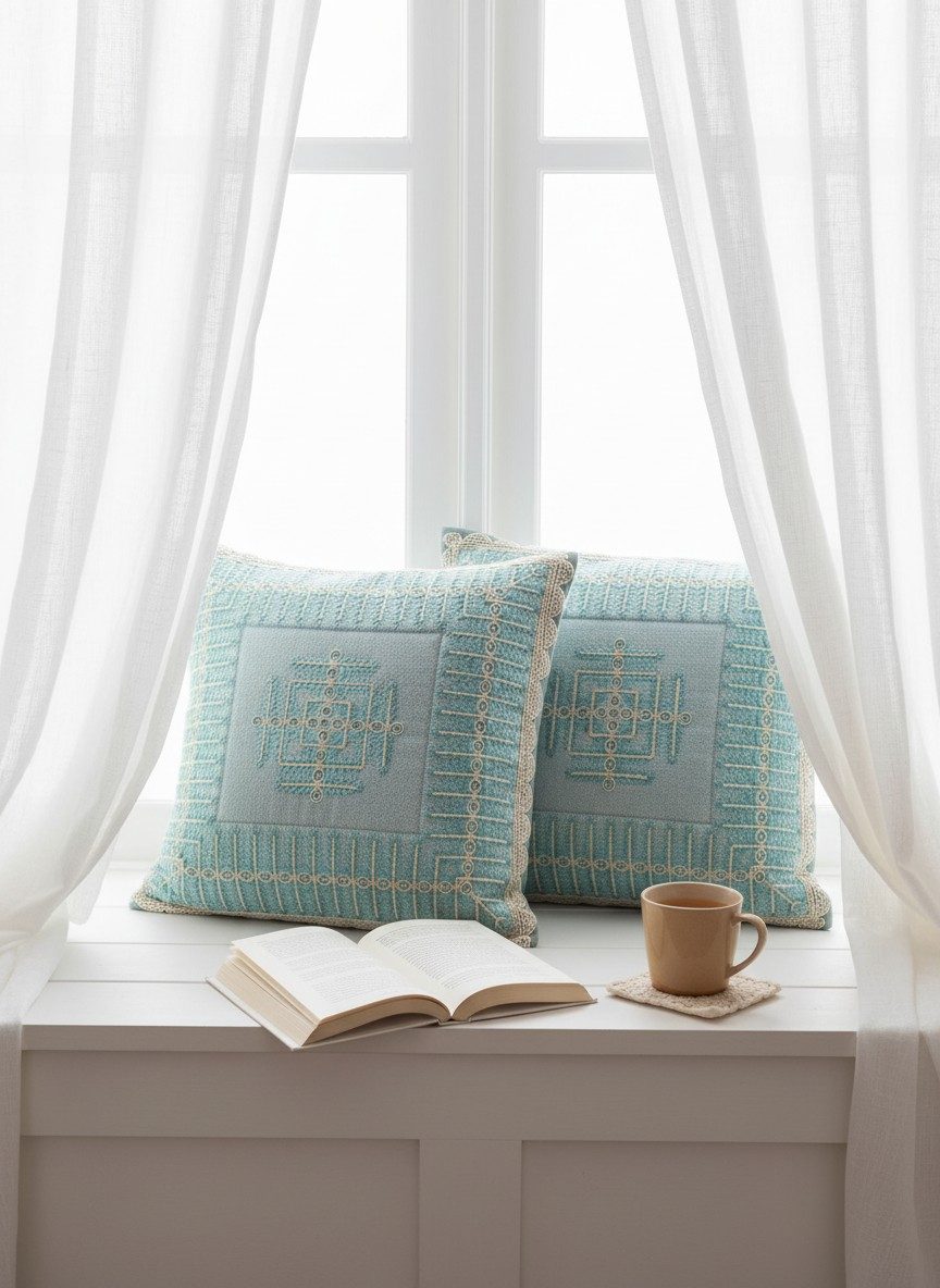 Embroidered Geometric Square Cushion Cover – Aqua Blue 1