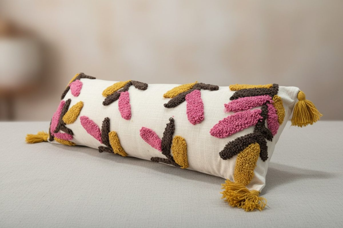 Tufted Botanical Lumbar Cushion Cover with Tassels – Ivory & Multicolour 3