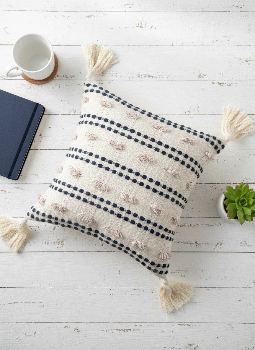 Ivory & Charcoal Tufted Cushion Cover 16x16 Inch — Boho Cotton Throw Pillow Cover with Corner Tassels 2