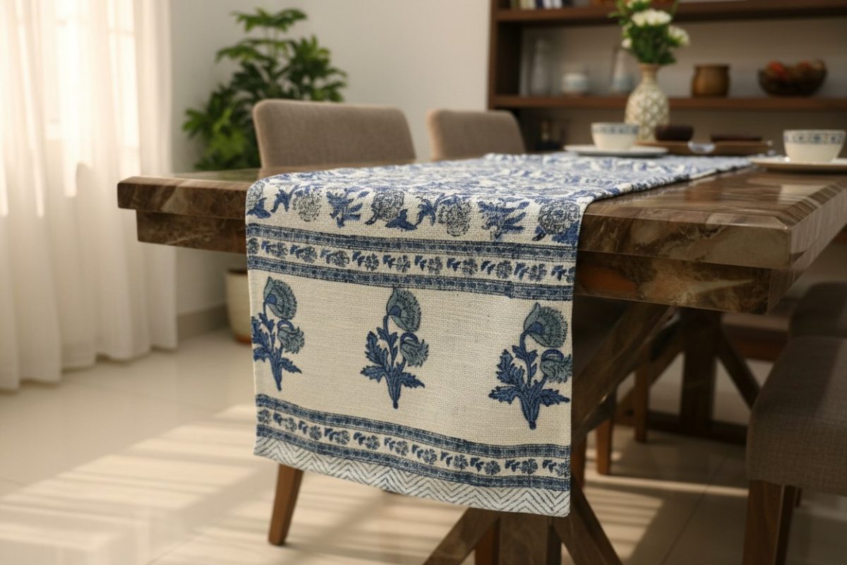 Hand Block Print Royal Buti Jute Table Runner — Indigo 4