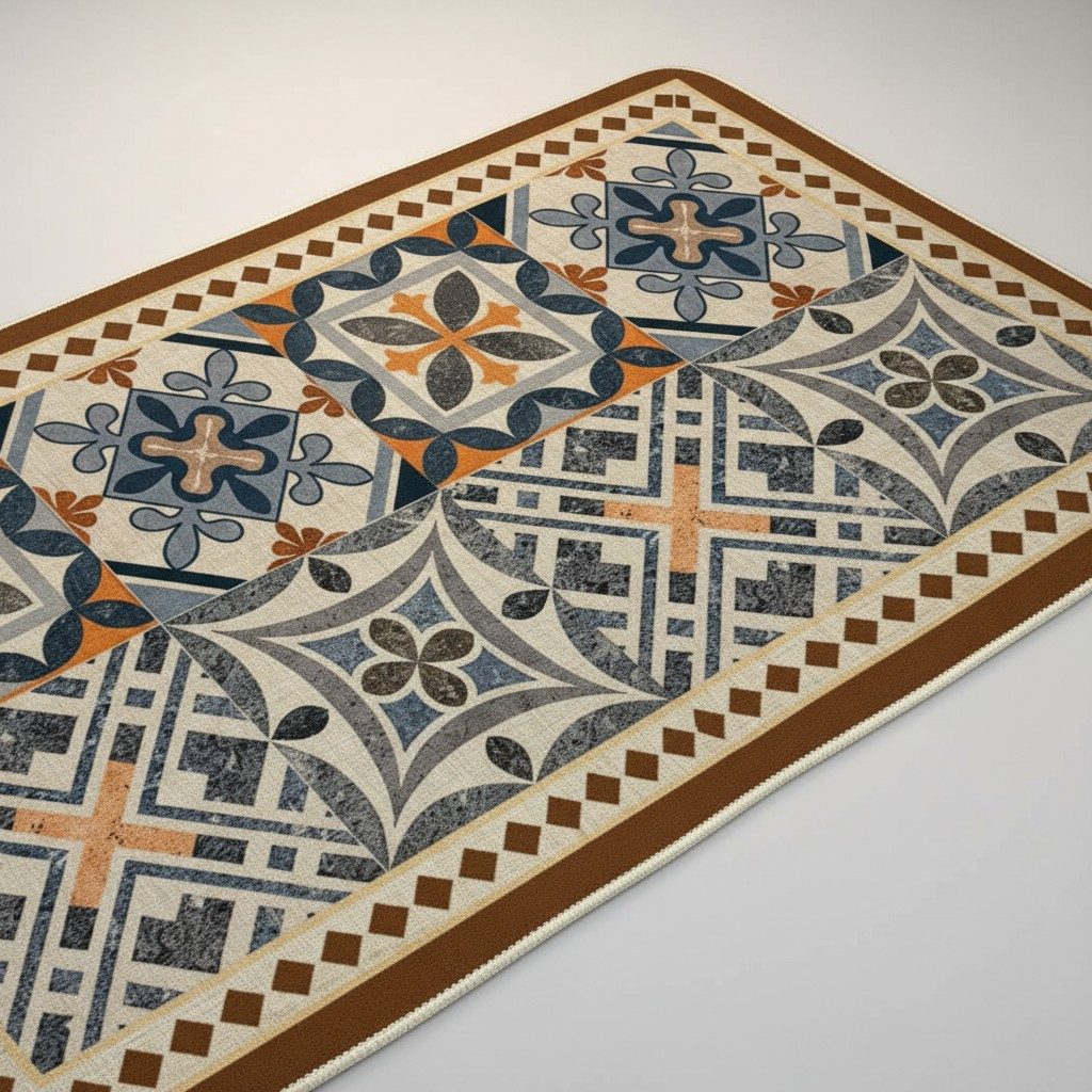 Moroccan Tile Print Anti-Slip Mat – Blue & Terracotta 2