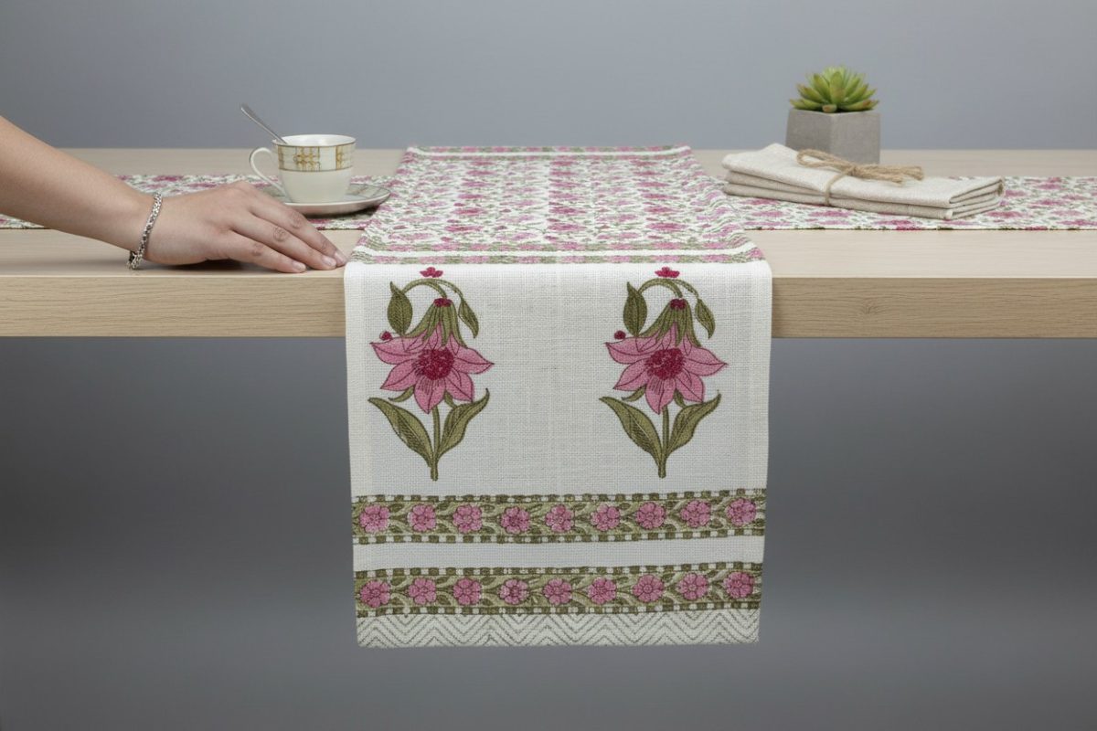 Hand Block Print Lotus Bloom Cotton Table Runner — Pink & Olive 1