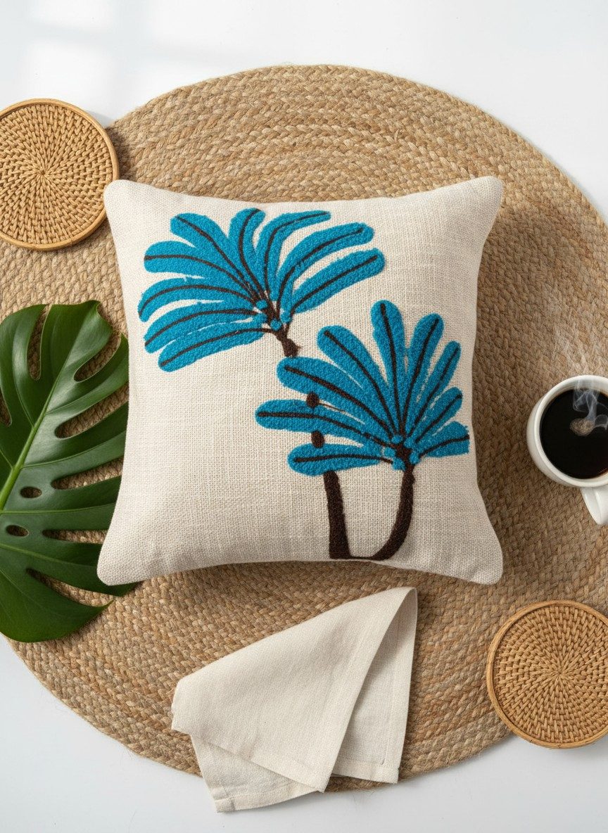 Blue Palm Tree Boho Cushion Cover — 16x16 Inches 1