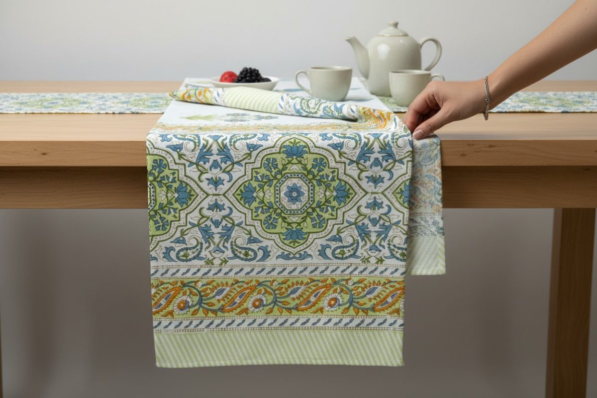Hand Block Print Persian Medallion Cotton Table Runner — Multi 1