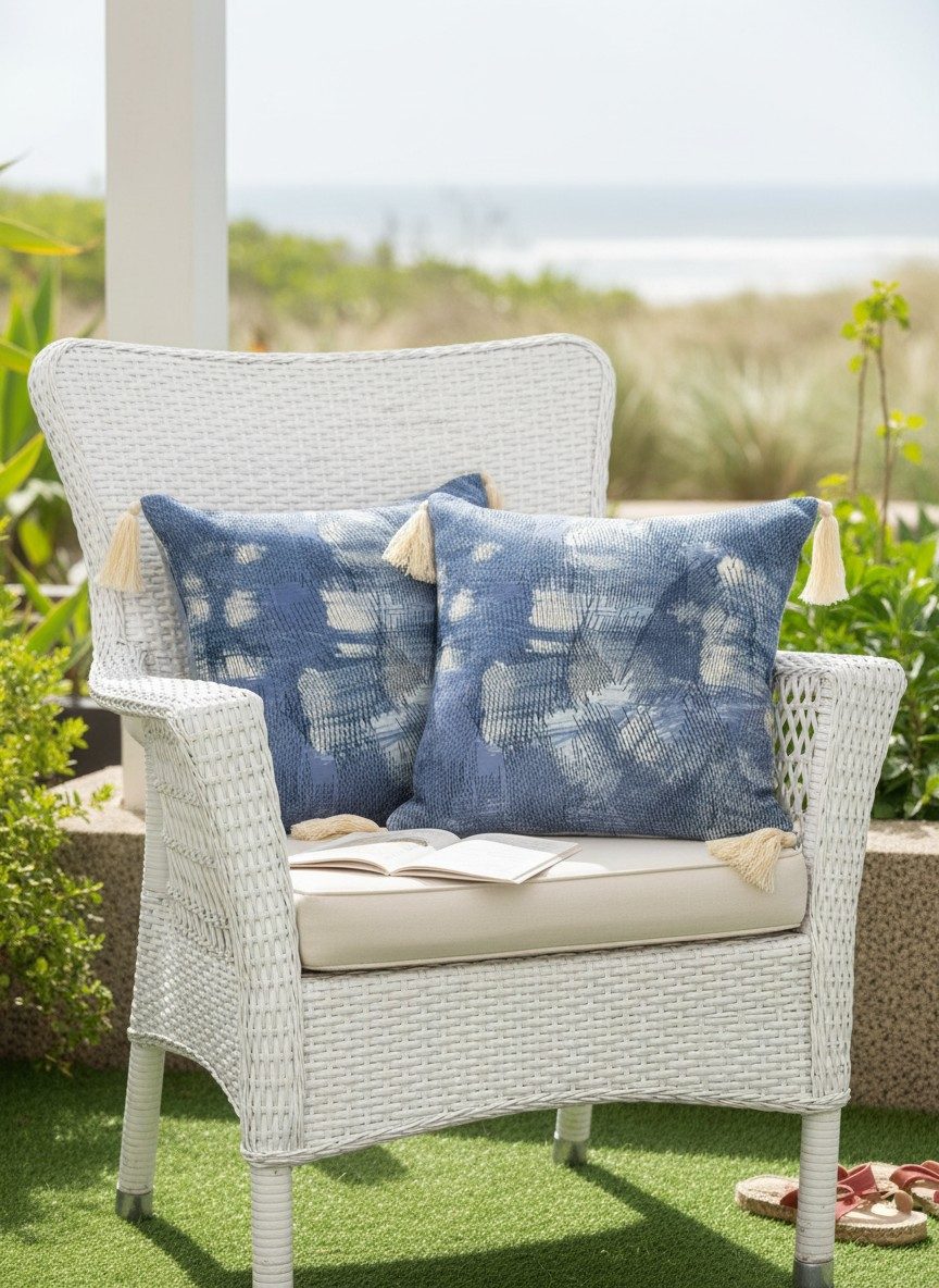 Tie-Dye Textured Square Cushion Cover with Tassels – Blue & Cream 1