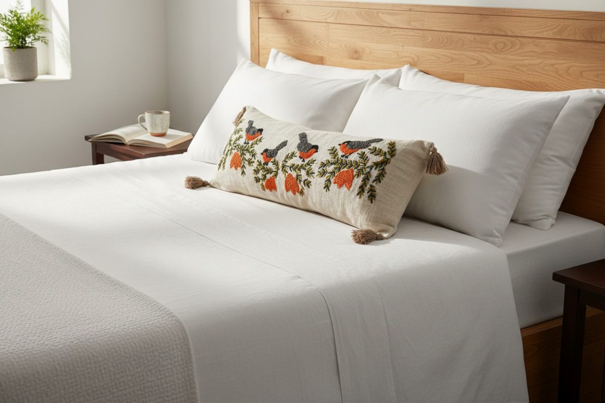 Embroidered Robin & Pine Lumbar Cushion Cover with Tassels – Multi Corns 2