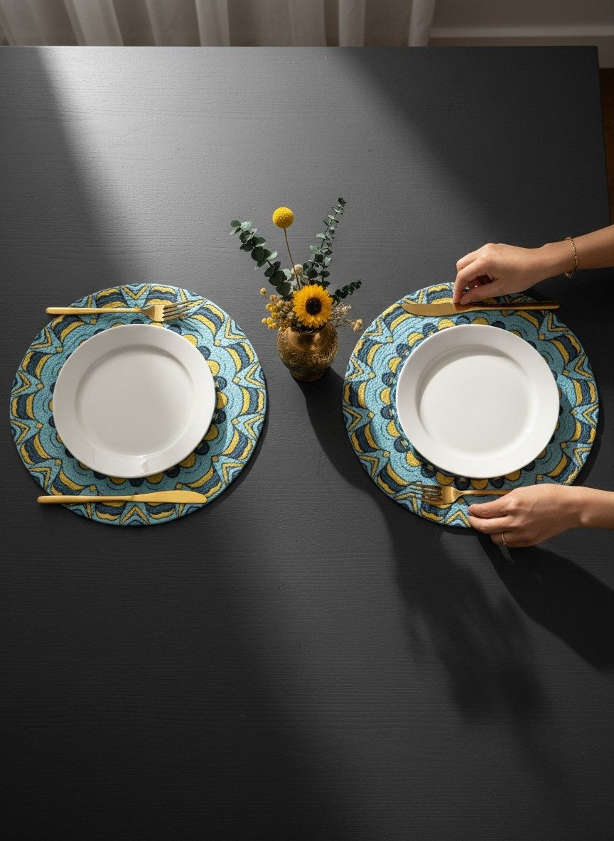 Round Placemats, Set of 2 | 14 Inch Large Table Mats | Teal Mandala 4