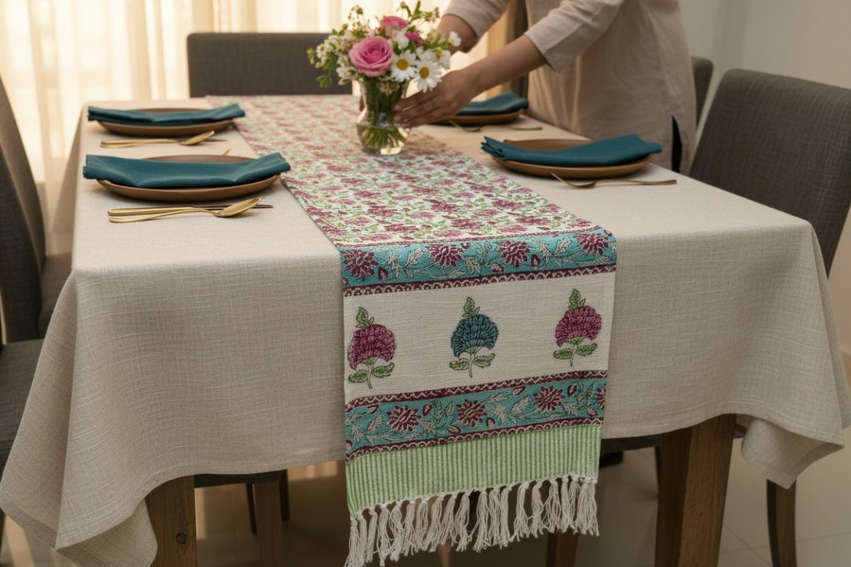 Hand Block Print Floral Motifs Jute Table Runner — Magenta & Teal 2