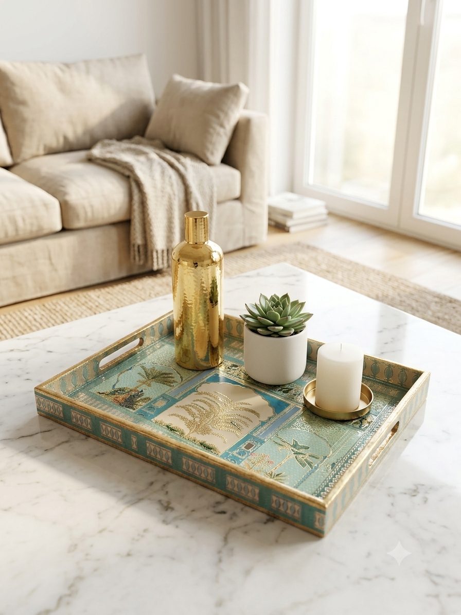 Decorative Serving Tray Set of 3 | Printed MDF Trays with Raised Bar Handles - Teal Botanical 4