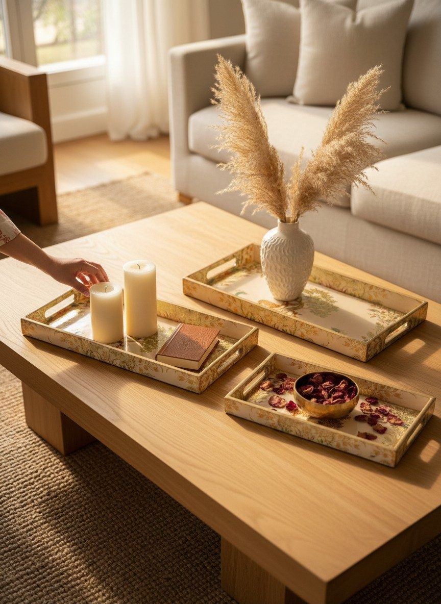 Decorative Serving Tray Set of 3 | Printed MDF Trays with Raised Bar Handles - Ivory Forest Scene 3