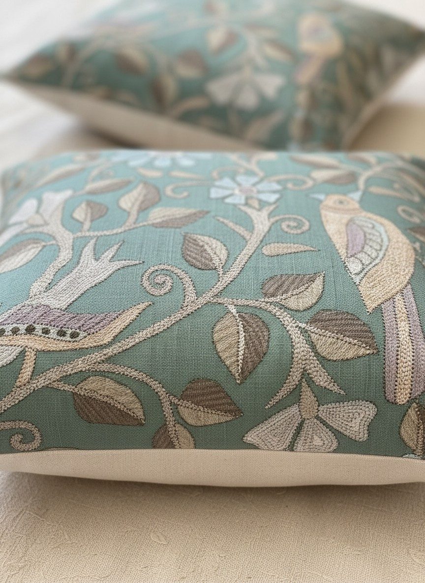 Sage Green Heritage Floral & Bird Printed Cushion Covers 16x16 Inch 2