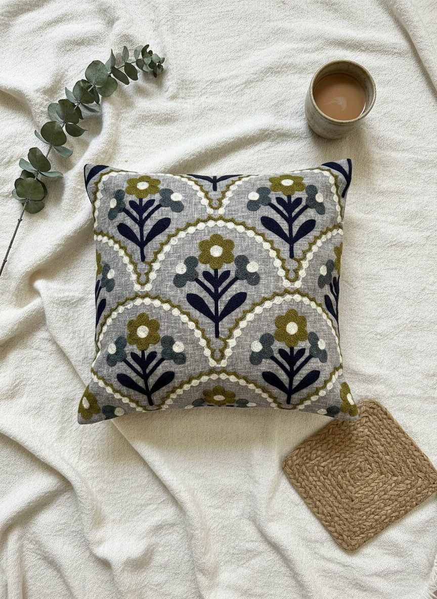 Grey Embroidered Cushion Cover — 16x16 Inches | Floral Throw Pillow Cover 3