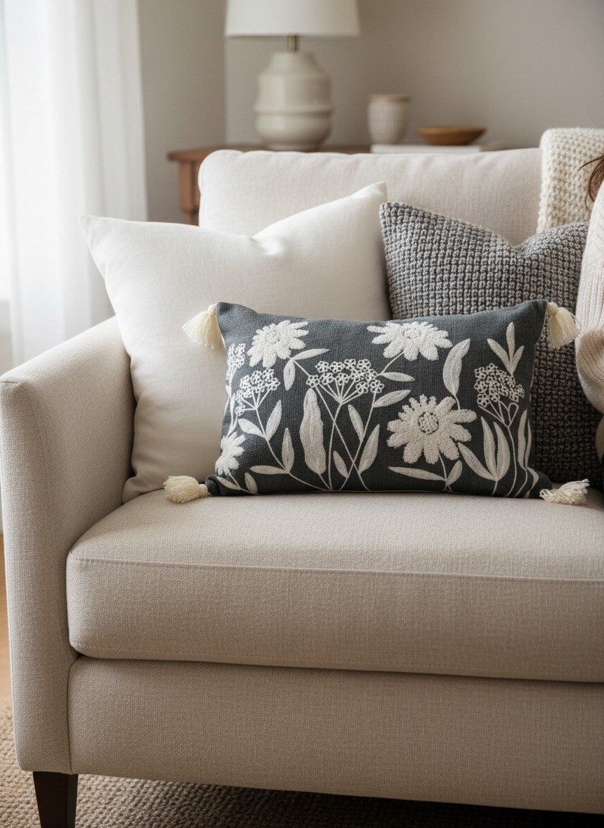 Embroidered Decorative 12X20 inch Cushion Cover with Tassels – Boho Embroidered Throw Pillow Case (1 Pc) - Grey Floral 1