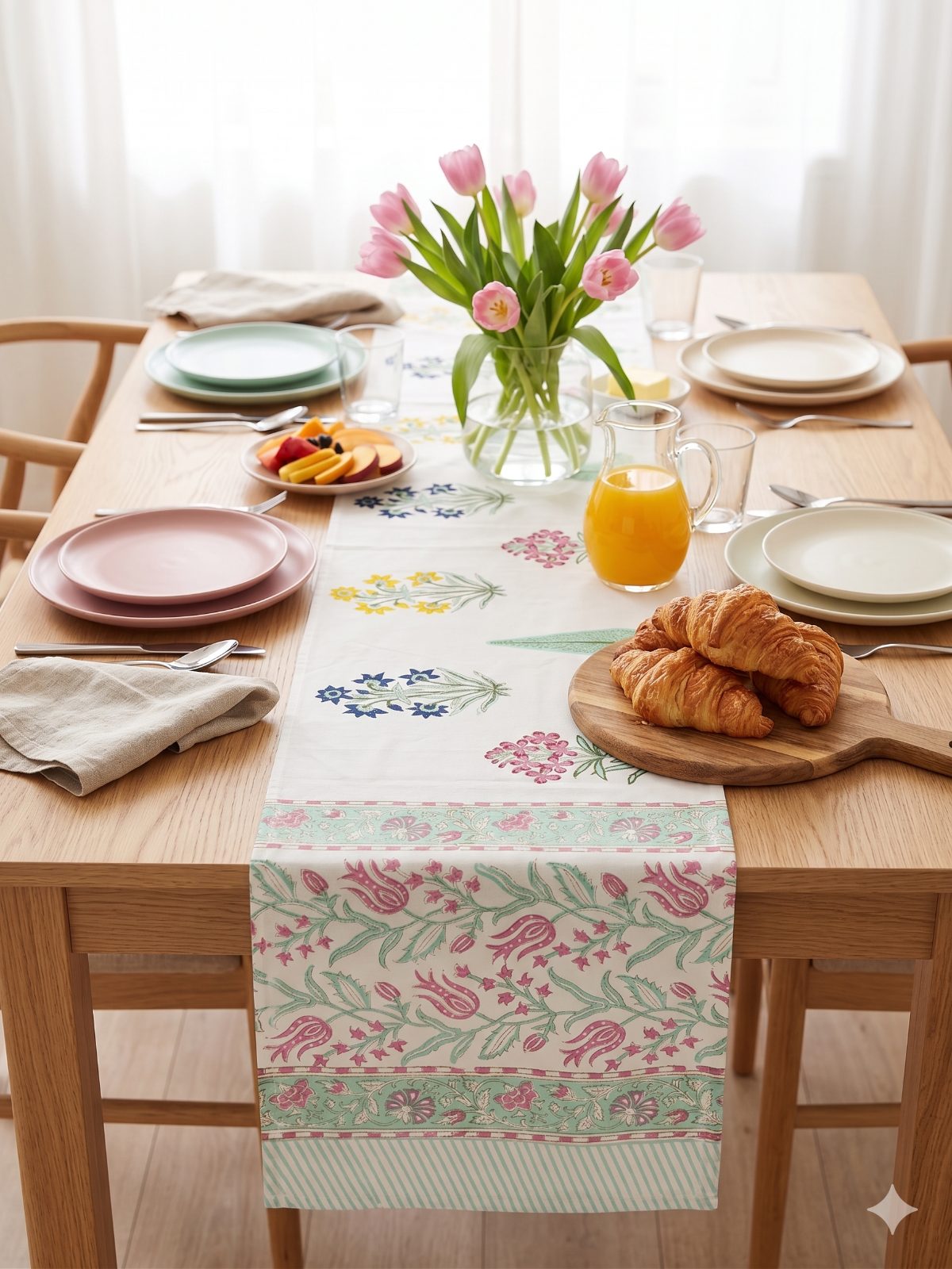 Hand Block Print Spring Botanical Cotton Table Runner — Multi Color 1
