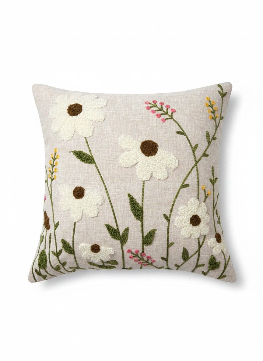 Floral Punch Needle Wildflower on Natural Beige Slub Cotton Embroidered Cushion Cover 16x16 Inch 5