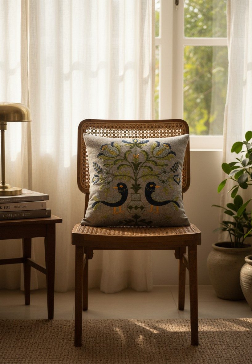 Light Grey Embroidered Cushion Cover — 16x16 Inches | Folk Birds & Floral Throw Pillow Cover 5